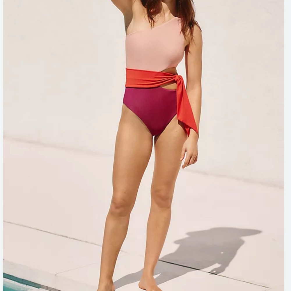 Beach Riot One-Shoulder Colorblock One-Piece Swimsuit in Pink, Red, Burgundy